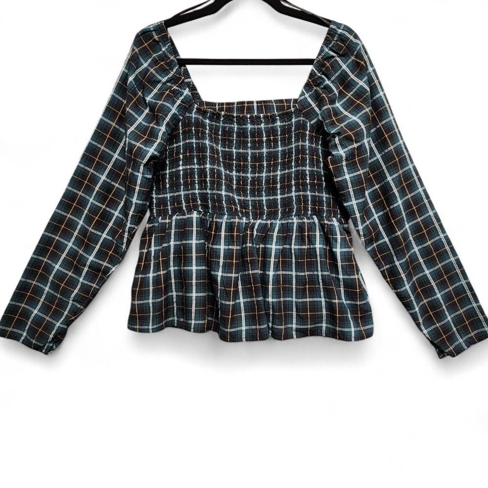 Old Navy Smocked Blouse Womens‎ Large Milkmaid Peasant Plaid Seersucker Stretch